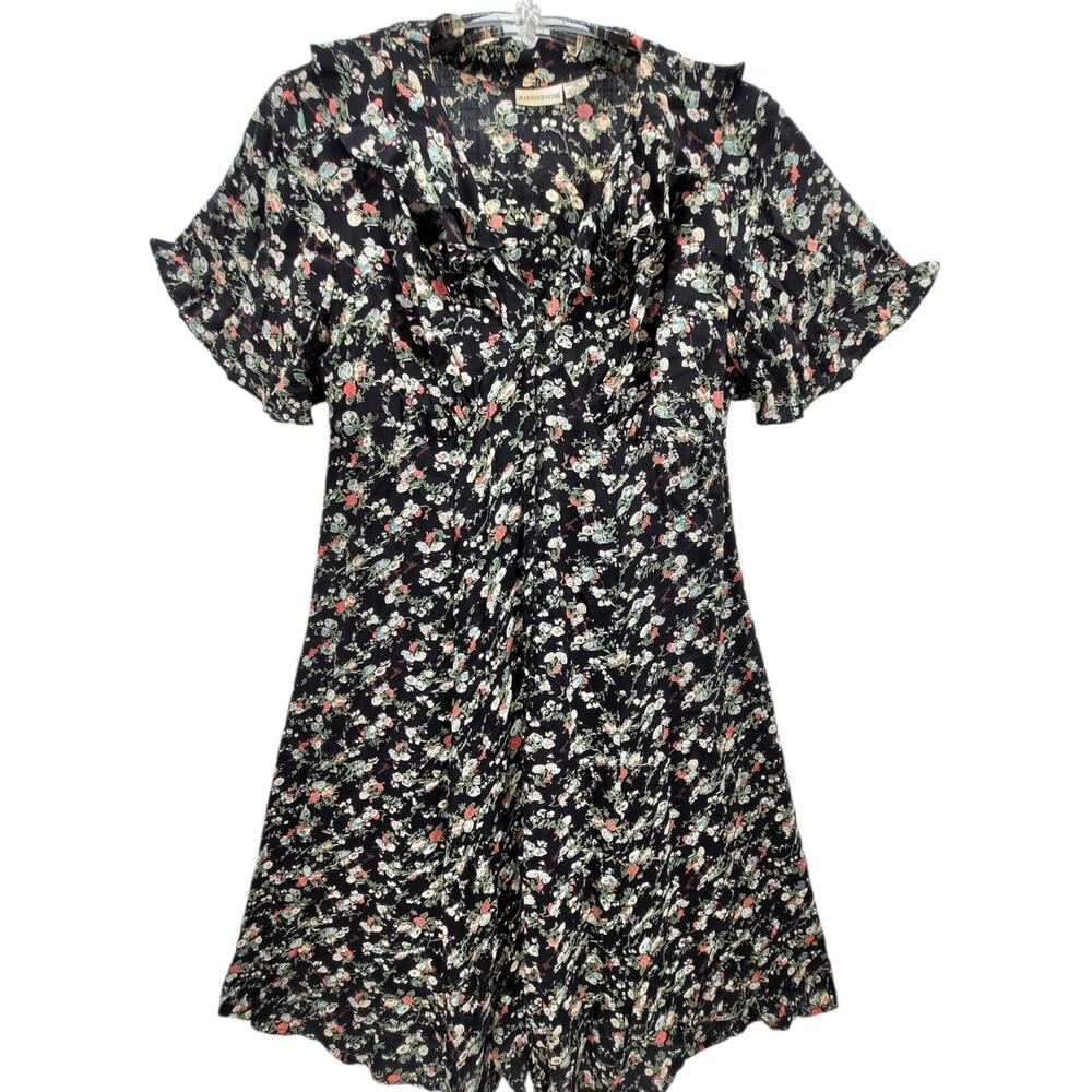 Adrian Jordan Vintage Black Floral‎ Midi Dress Empire Waist Button Front Plus